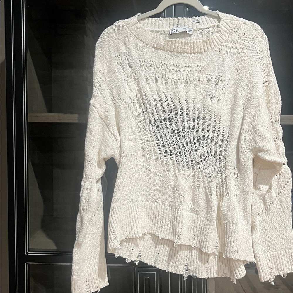 Zara Off-White Distressed Knit Sweater